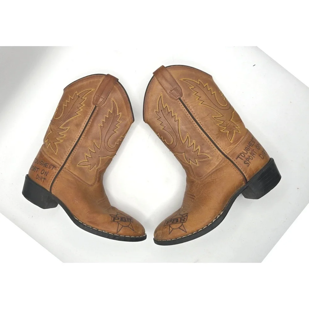 Old West Kids PBR Rodeo Tan Leather Cowboy Boots Toughest Sport on Dirt Size 3